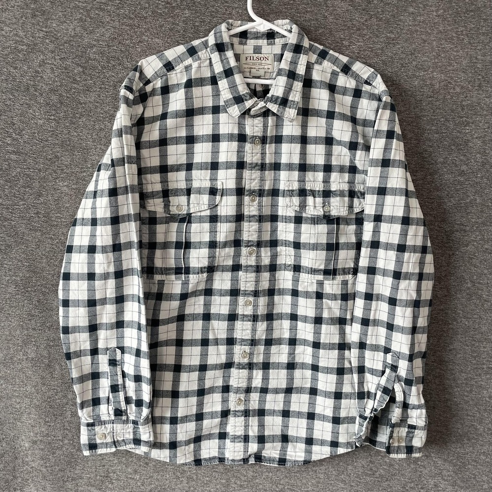 Filson Flannel Shirt Mens 2XL White Black Plaid Twill Long Sleeve Button Up